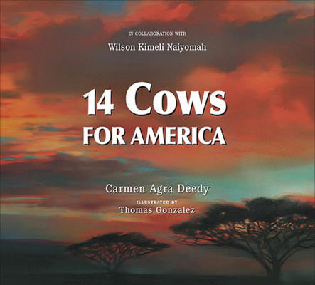 book cover 14 cows for america showing sunset sky and trees in africa