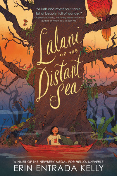 Lalani of the Distant Sea book cover showing girl in red boat against large tree