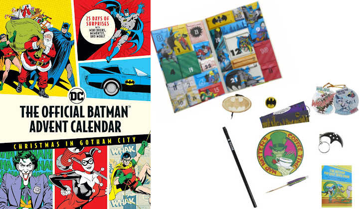 Batman advent calendar box with display of interior and trinkets