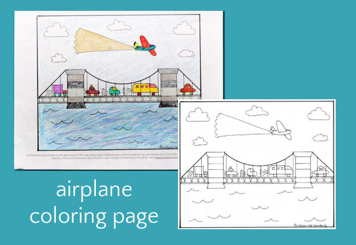 Two versions of an airplane coloring page, blank and colorful