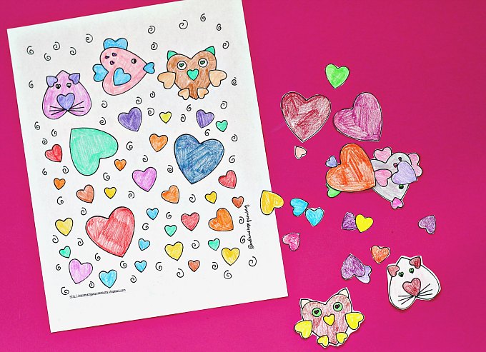 Heart animals coloring page and cut outs