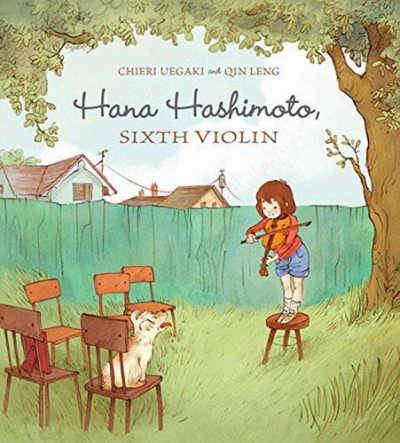 Hana Hashimoto, Sixth Violin  book cover showing girl standing on stool playing violin outdoors
