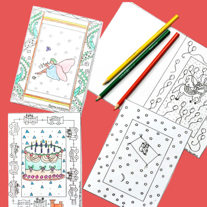 four birthday card coloring pages and colored pencils