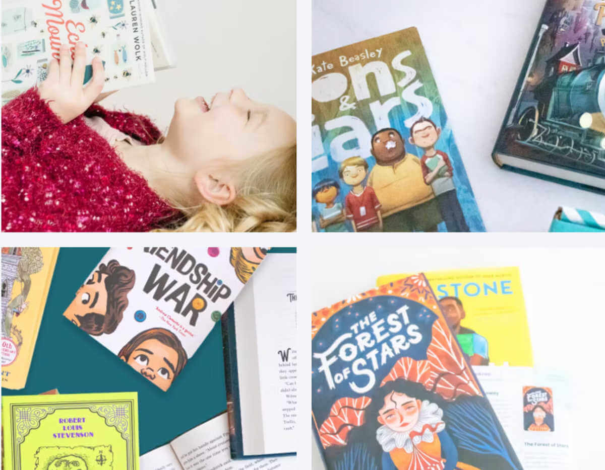 Four photos featuring girl laughing while reading and displays of middle grade books
