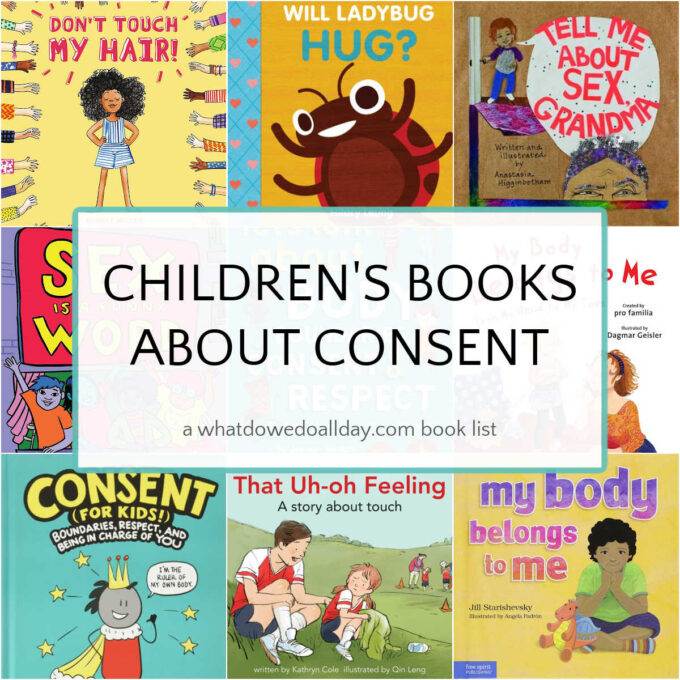 Collage of children's books about consent showing 9 different book covers and text overlay