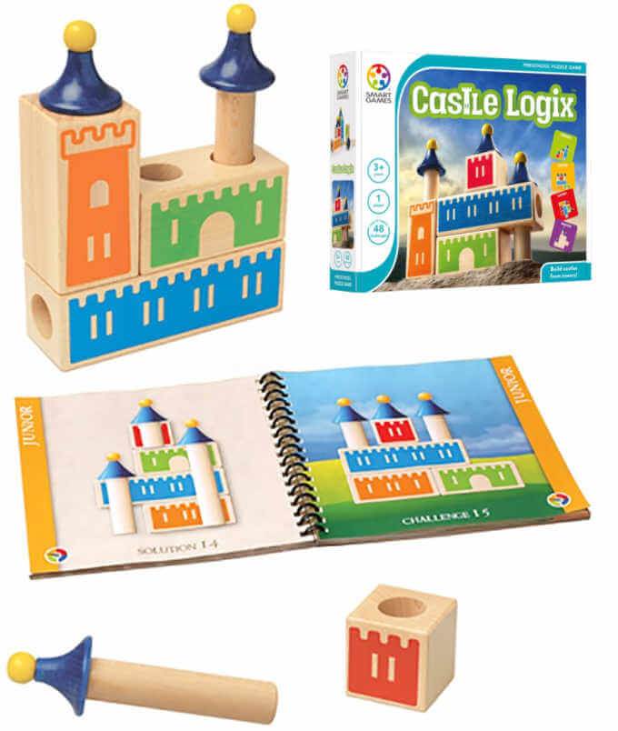 Castle Logix wooden game for preschoolers with castle block pieces, box and open booklet