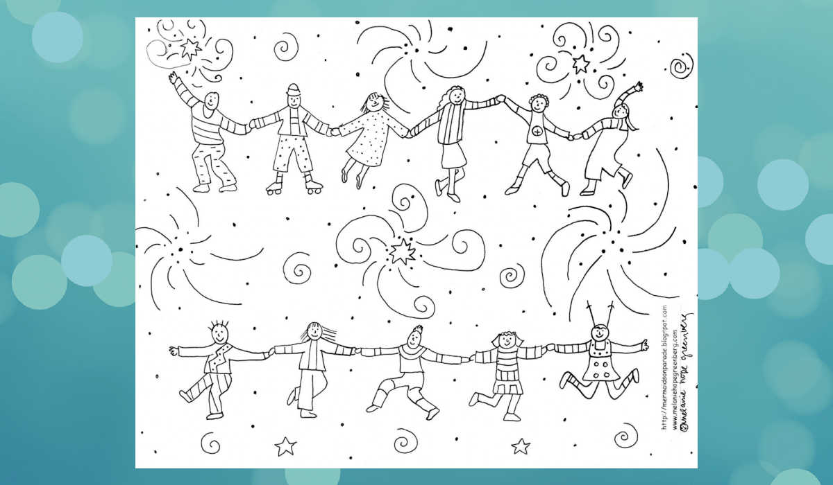 Celebration kids coloring page on blue background.