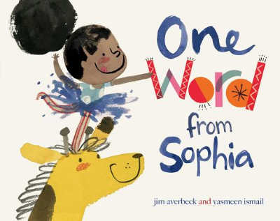 one word from sophia book cover with girl standing on the head of a giraffe