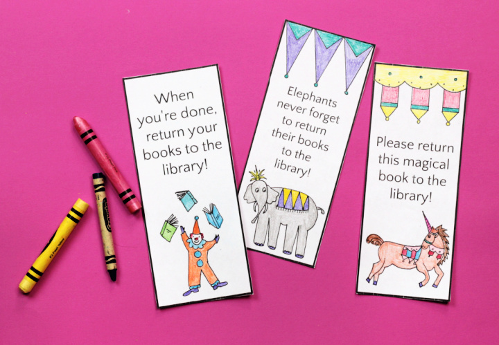 finished circus bookmarks with crayons