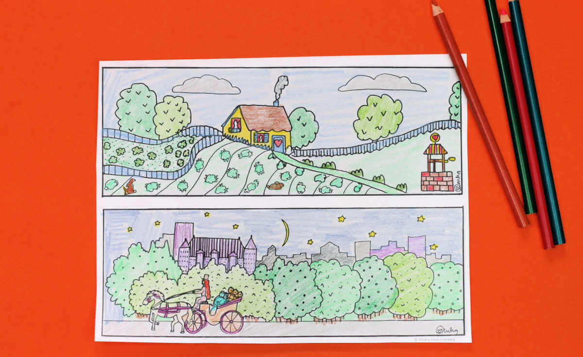 Finished city and country coloring page with colored pencils on orange background