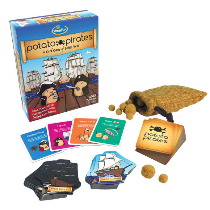 Potato Pirates card game with deck of cards, paper ships and cotton potatoes