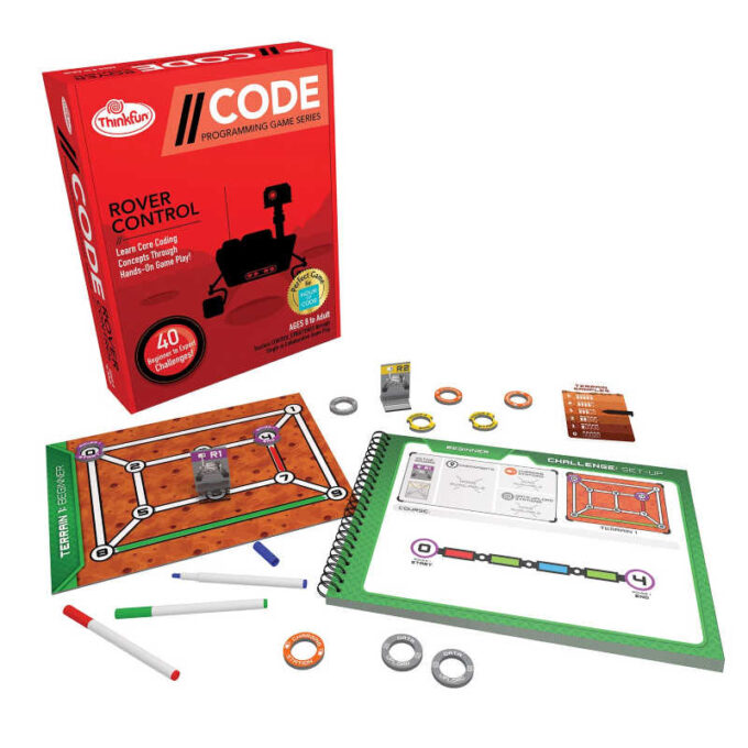 Code rover game with flippable book, tokens, markers