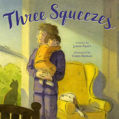 book cover for three squeezes showing dad hugging child