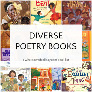 Grid of children's picture books with overlay, Diverse Poetry Books.