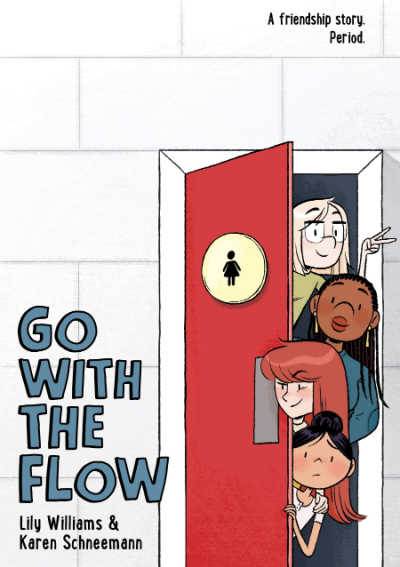 Go With the Flow book cover showing 4 diverse girls behind red bathroom door
