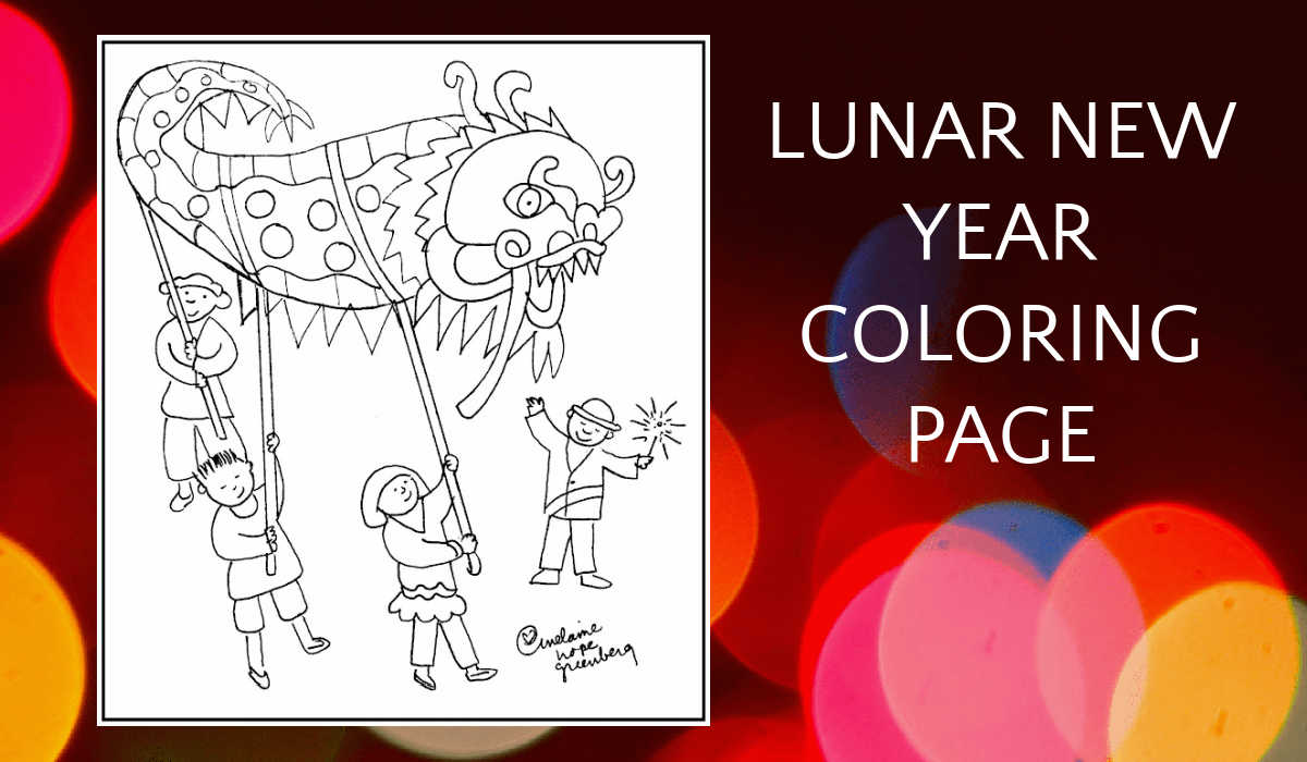 Lunar New Year dragon coloring page on bokeh background. 