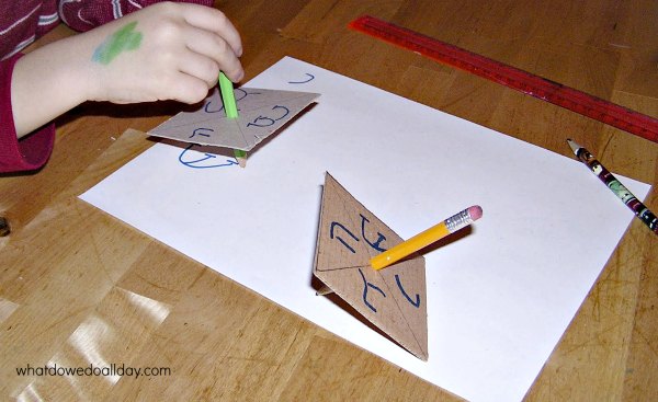 Recycled cardboard and pencil dreidel craft