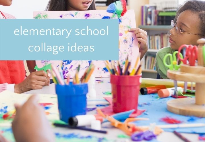 Child holding up collage art at table covered in art supplies