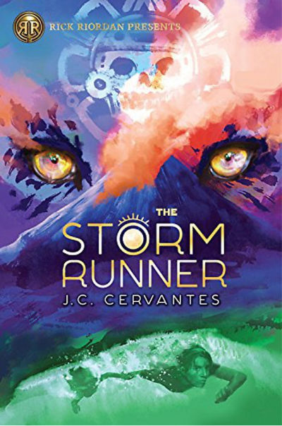 The Storm Runner book cover featuring colored layers of volcano and large eyes