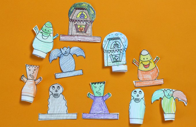 Array of Halloween finger puppets colored in