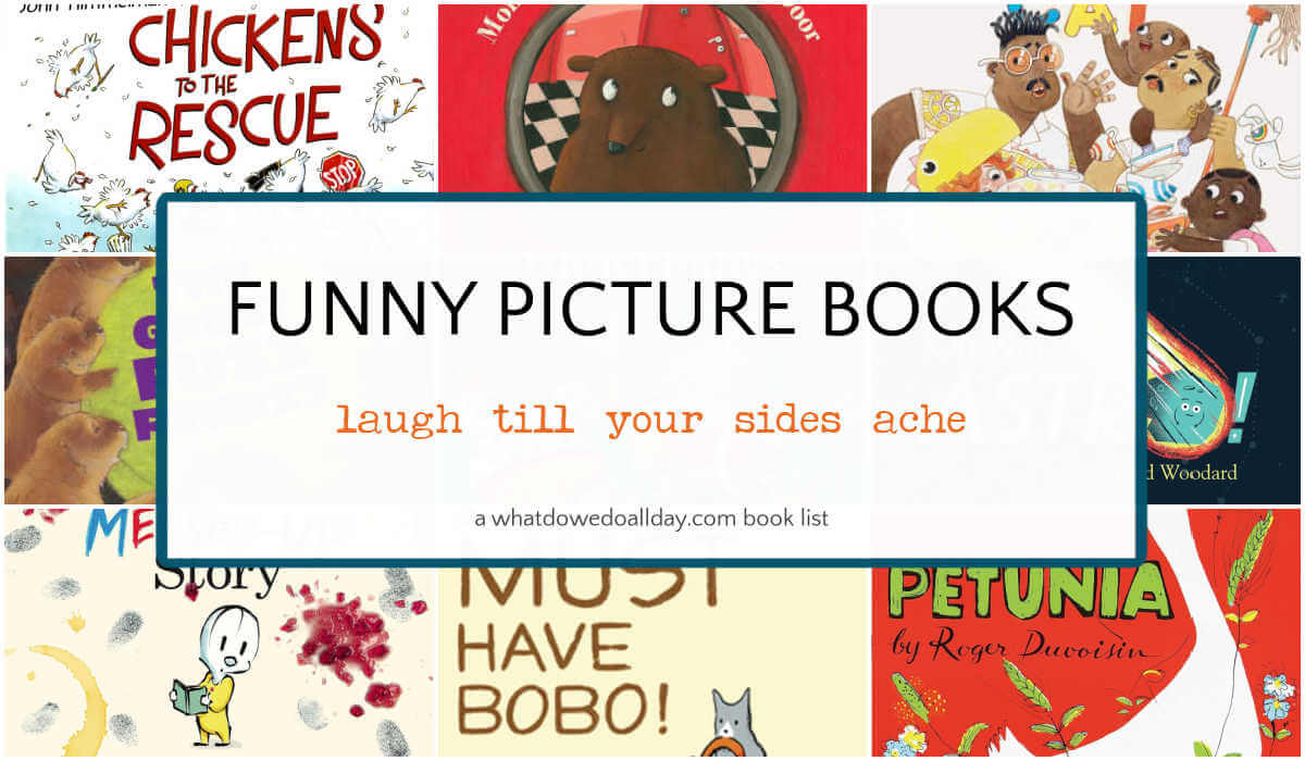 Collage of funny picture books for kids with text overlay, Funny Picture Books laugh till your sides ache.