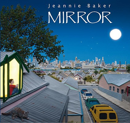 mirror book cover with boy looking out at night time city scape