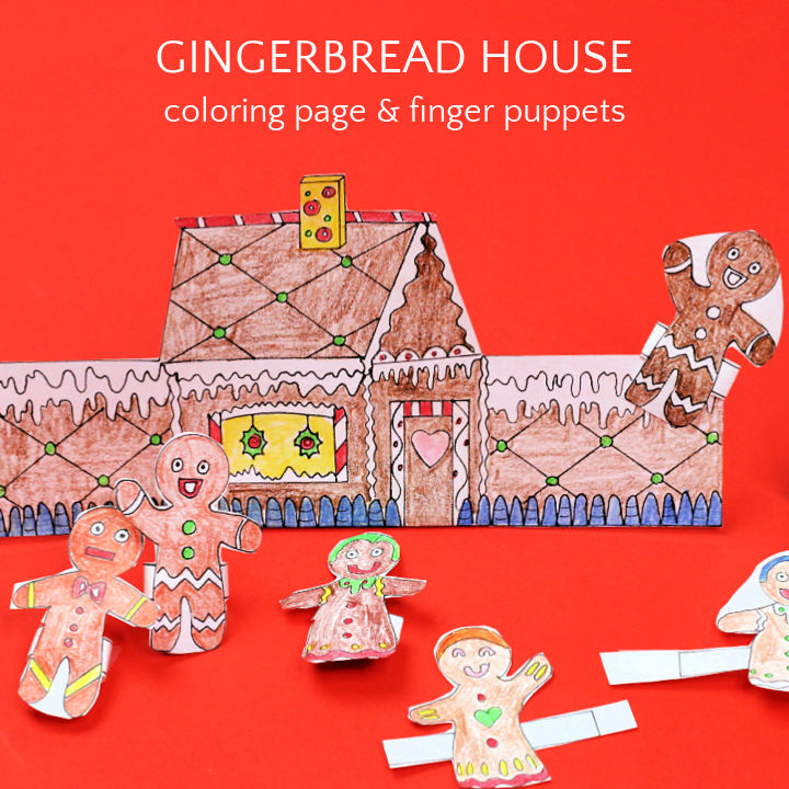 Finished gingerbread house coloring page and finger puppets