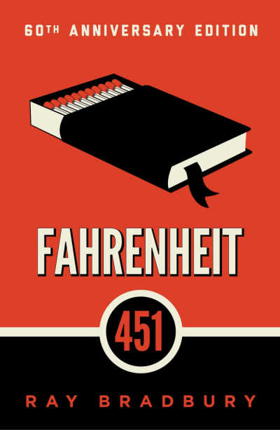 Fehrenheit 451 book cover showing black book on red background