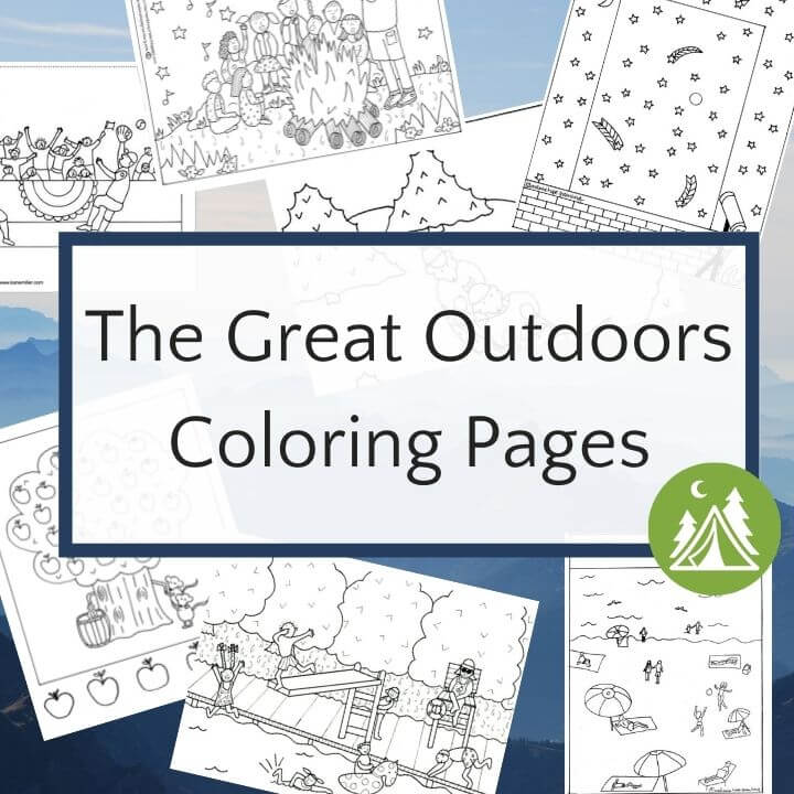 collage of blank coloring pages on blue mountain backdrop