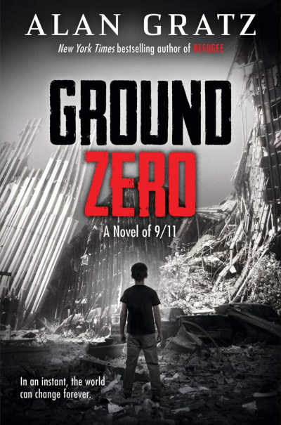 Ground Zero book cover featuring black and white image of boy standing in front of collapsed world trade center. 