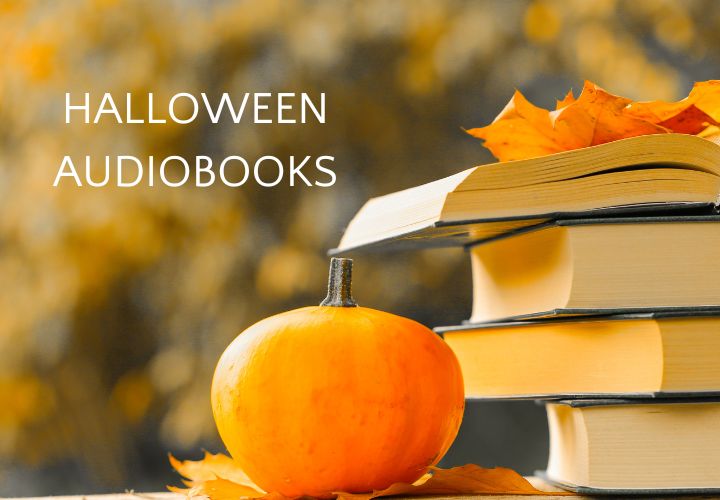 Pumpkin next to a stack of books with text "Halloween Audiobooks"