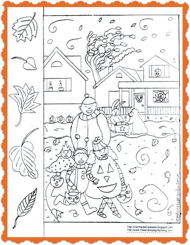 Free printable halloween coloring page with 5 little leaves rhyme