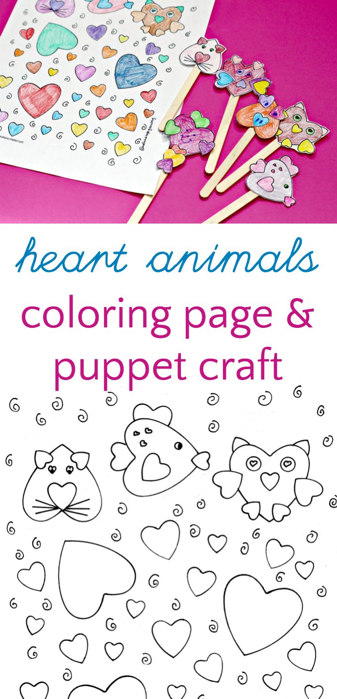 Heart animals coloring page and stick puppet craft for kids with a free printable