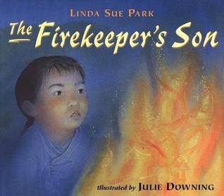 The Firekeeper's Son book with Asian boy looking at flames on cover