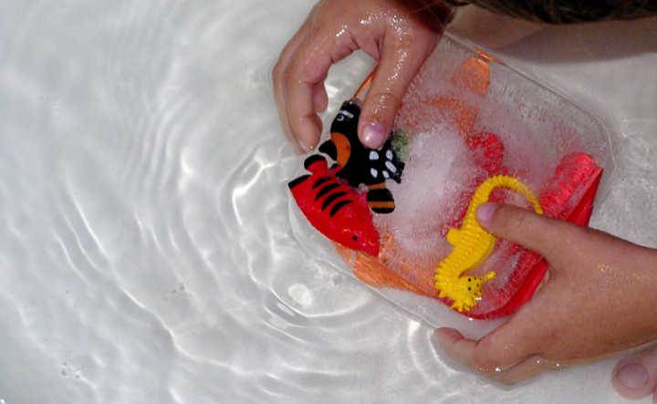 child's hands holding toy fish in ice block set in bath for child's activity