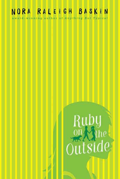 Green striped book cover for Ruby on the Outside with green girl head silhouette