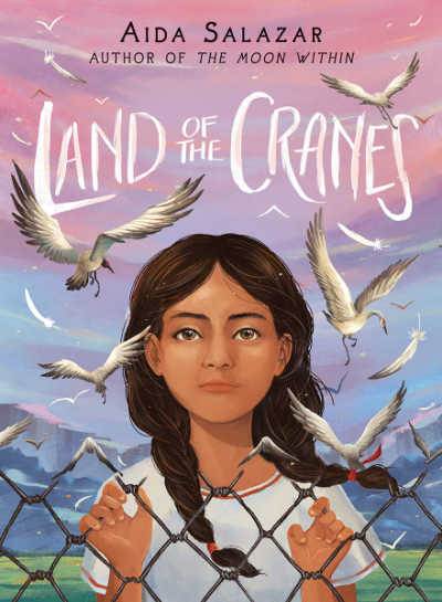 Land of the Cranes book cover showing girl with braids clinging to fence 