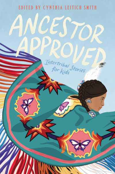 Ancestor Approved book cover showing Native American spreading arms in colorful shawl