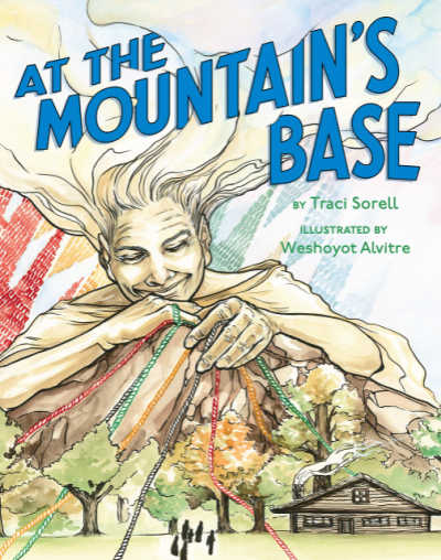 At the Mountain's Base book cover showing mountain with folkloric woman leaning over it. 