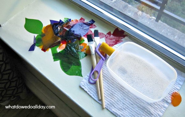 Supplies for cellophane stained glass window art project for kids