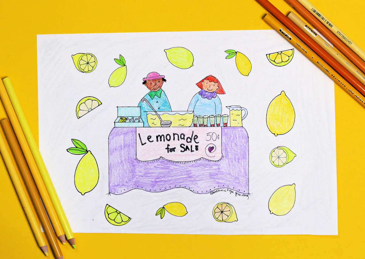 Lemonade stand coloring page and colored pencils on yellow background