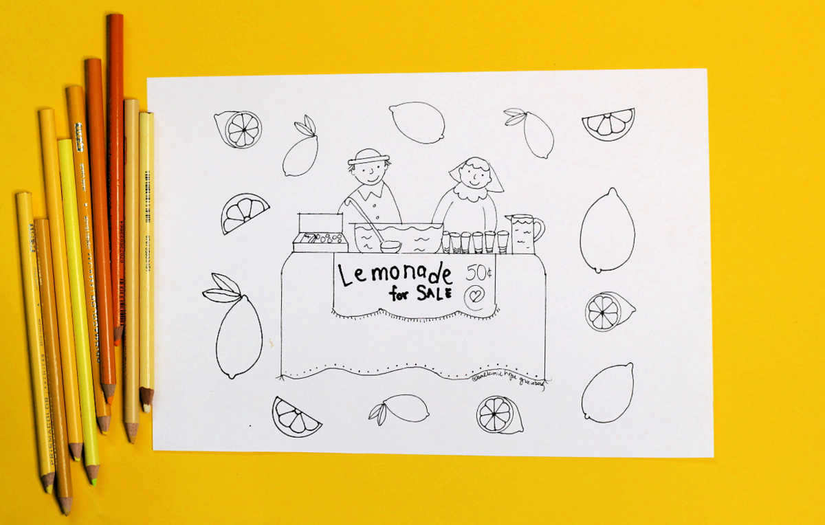 Lemonade stand coloring page and colored pencils on yellow background