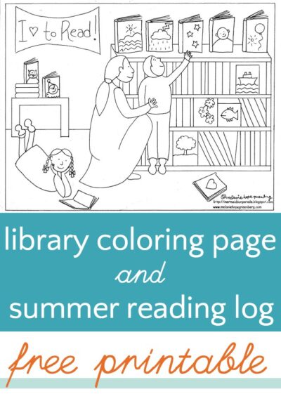 Library coloring page, free printable. Plus a free summer reading log. 