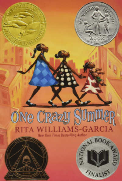One Crazy Summer book cover featuring four medals and 3 sisters walking across the street