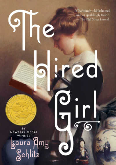 The Hired Girl book cover featuring girl reading book