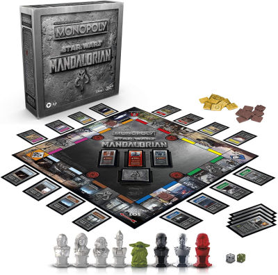 Mandalorian monopoly game board and pieces with box and cards laid out for play