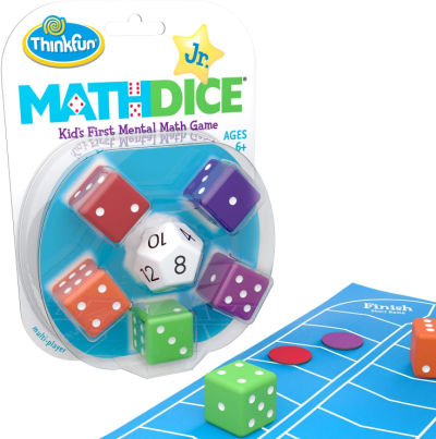 Math dice in package with blue board and game tokens