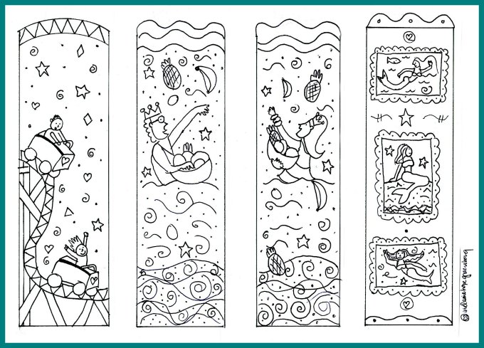 Four free printable coloring page mermaid bookmarks for kids