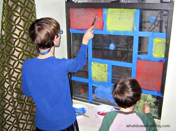 Kids faux stained glass window art project Mondrian style