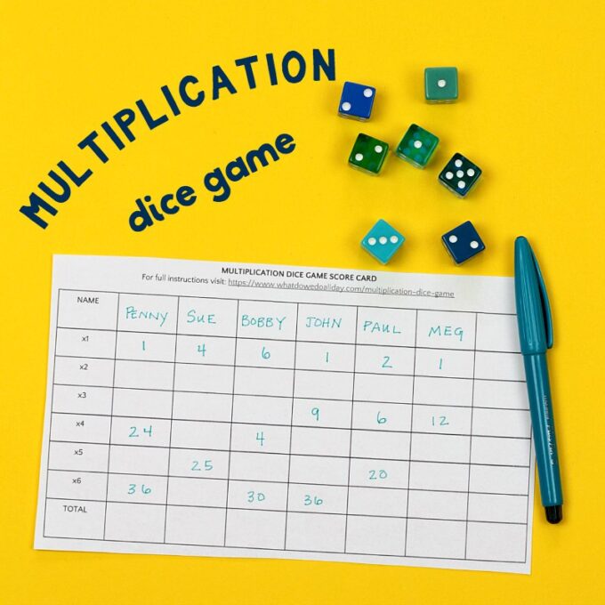 Multiplication dice game with scorecard